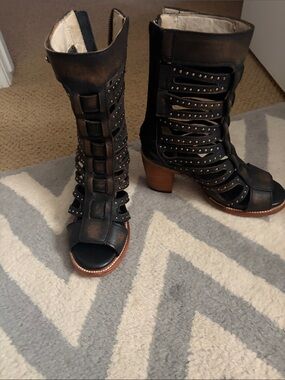 Freebird by Steven Black Studded Open-Toe Mid Heel Booties